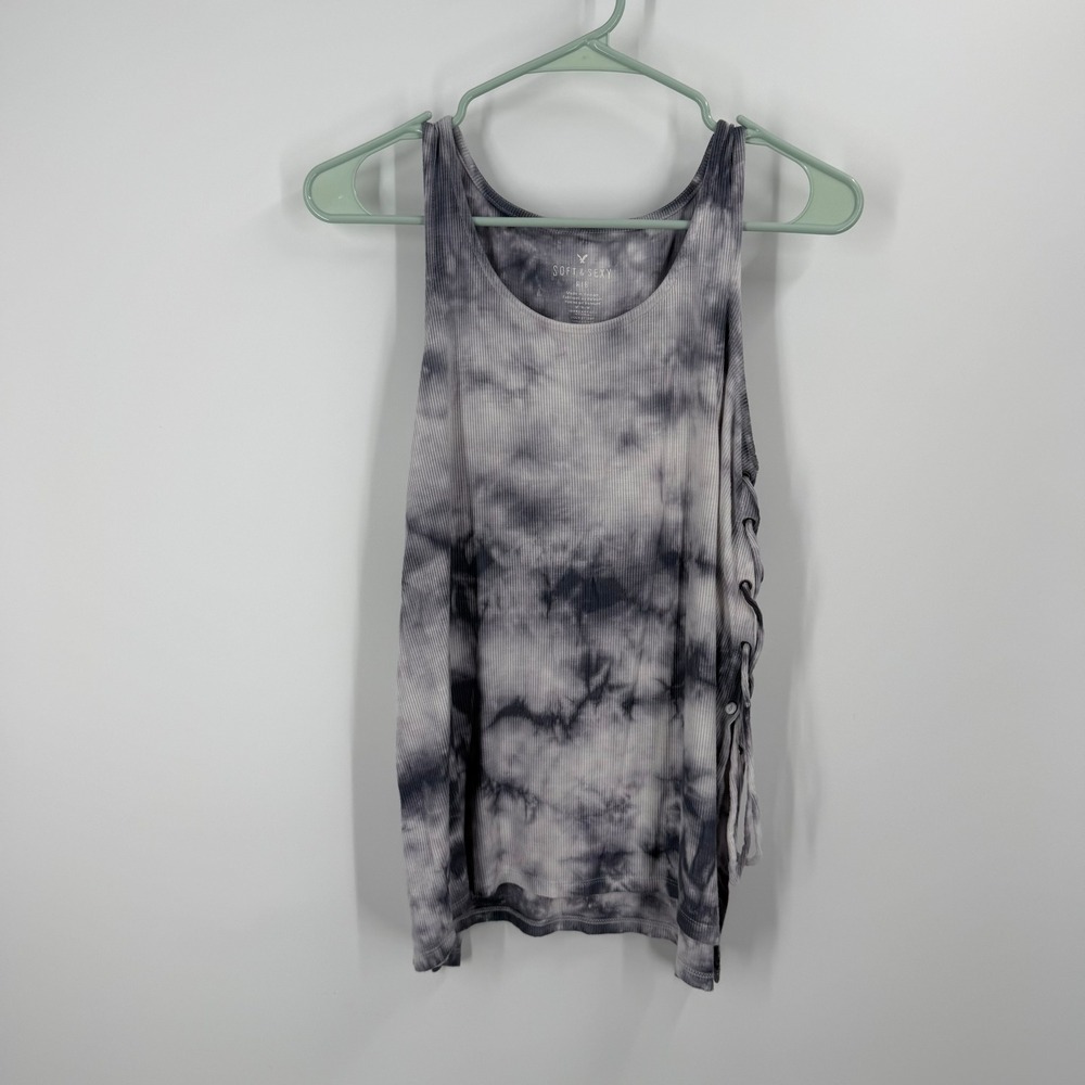 American Eagle Tank Top Women Medium Gray Tie Dye Ribbed Side Lace Up
